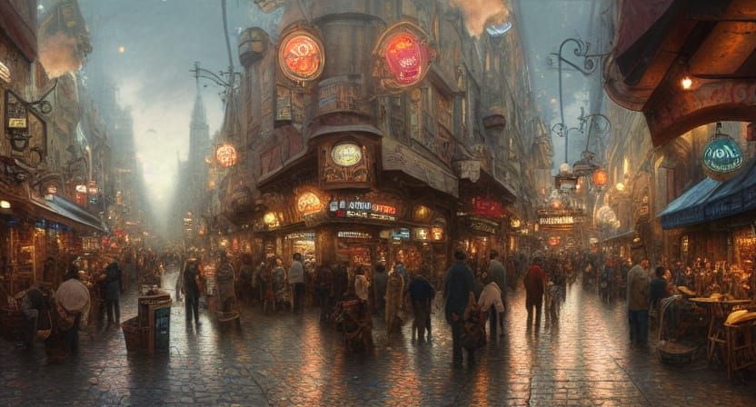 Crowded Beer Pub Plaza in Fantasycore Style