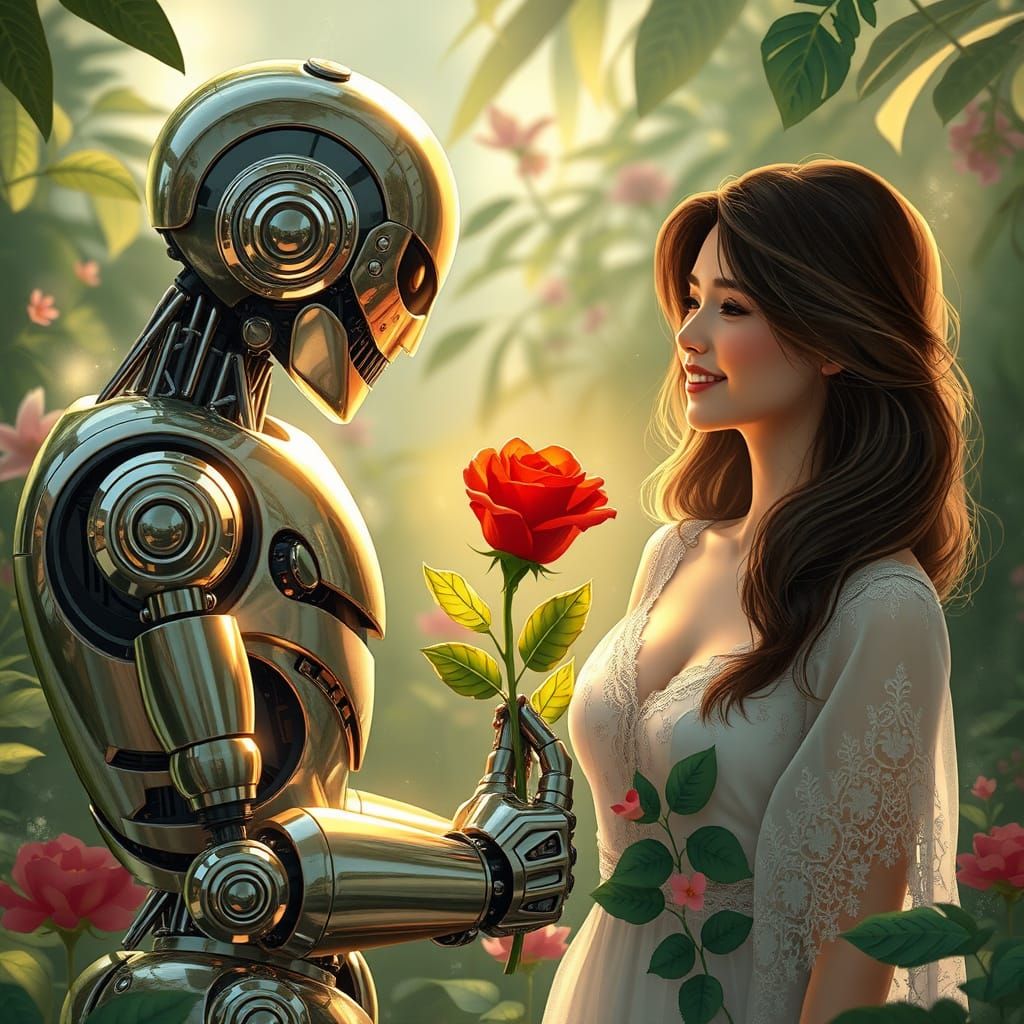 Robot Offers Rose in Enchanted Garden