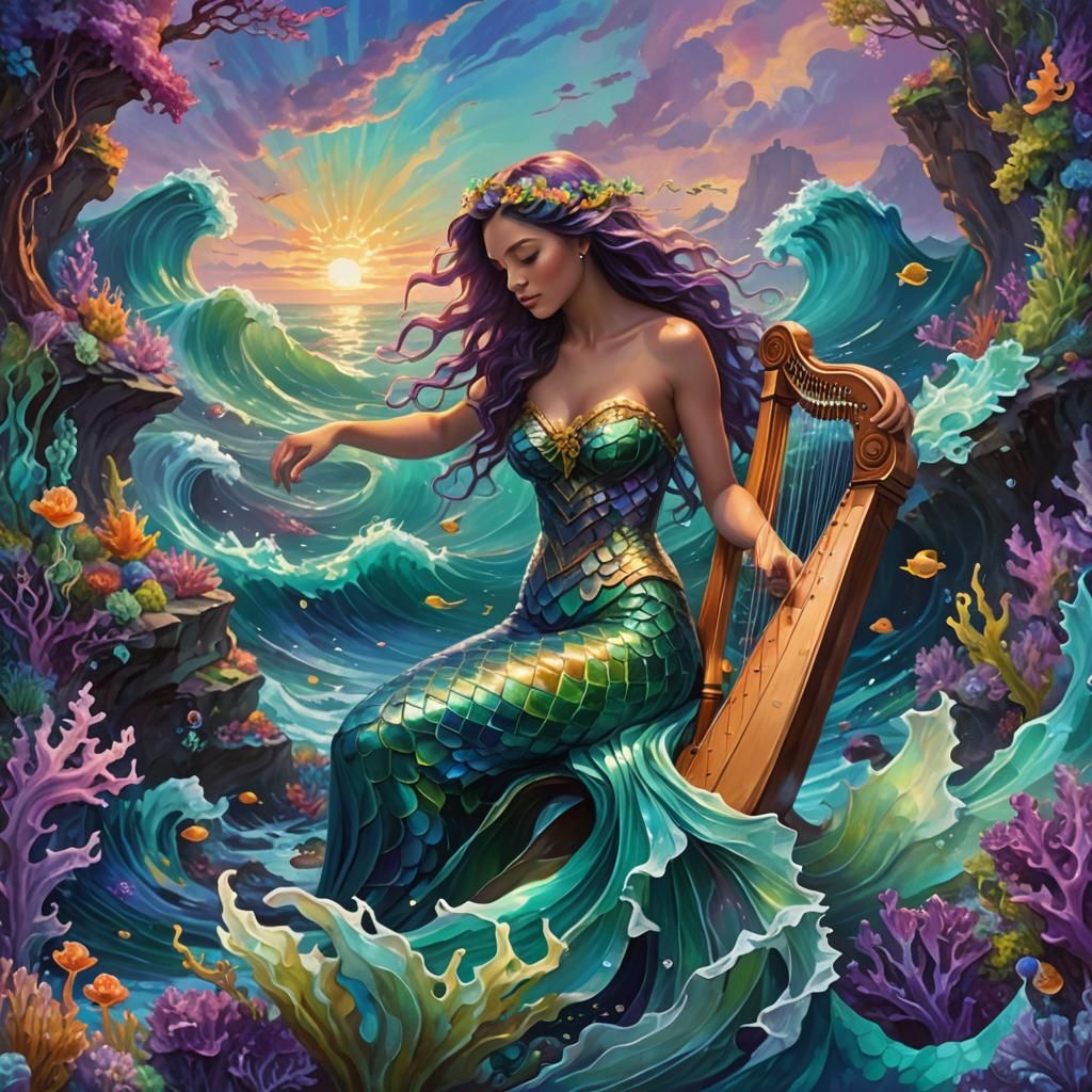 Mermaid's Reef Harp Serenade: A Digital Oil Painting