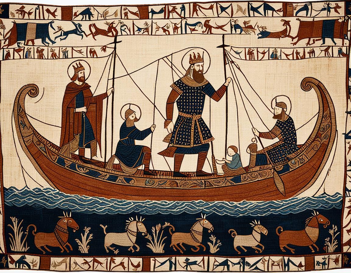 Viking Longship Scene in Bayeux Tapestry Style