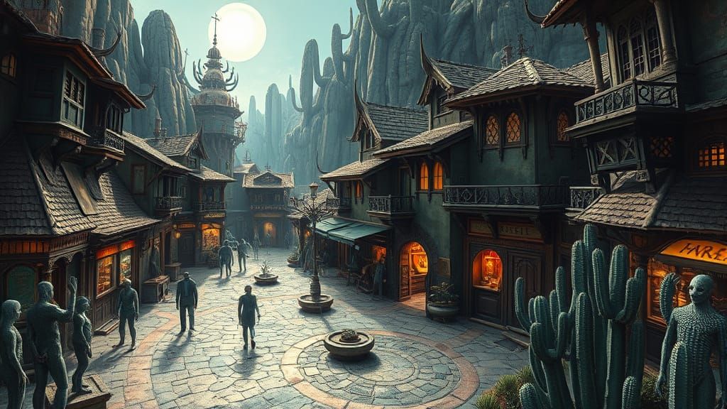 Surreal Village Square with Intricate Labyrinthine Pathways ...