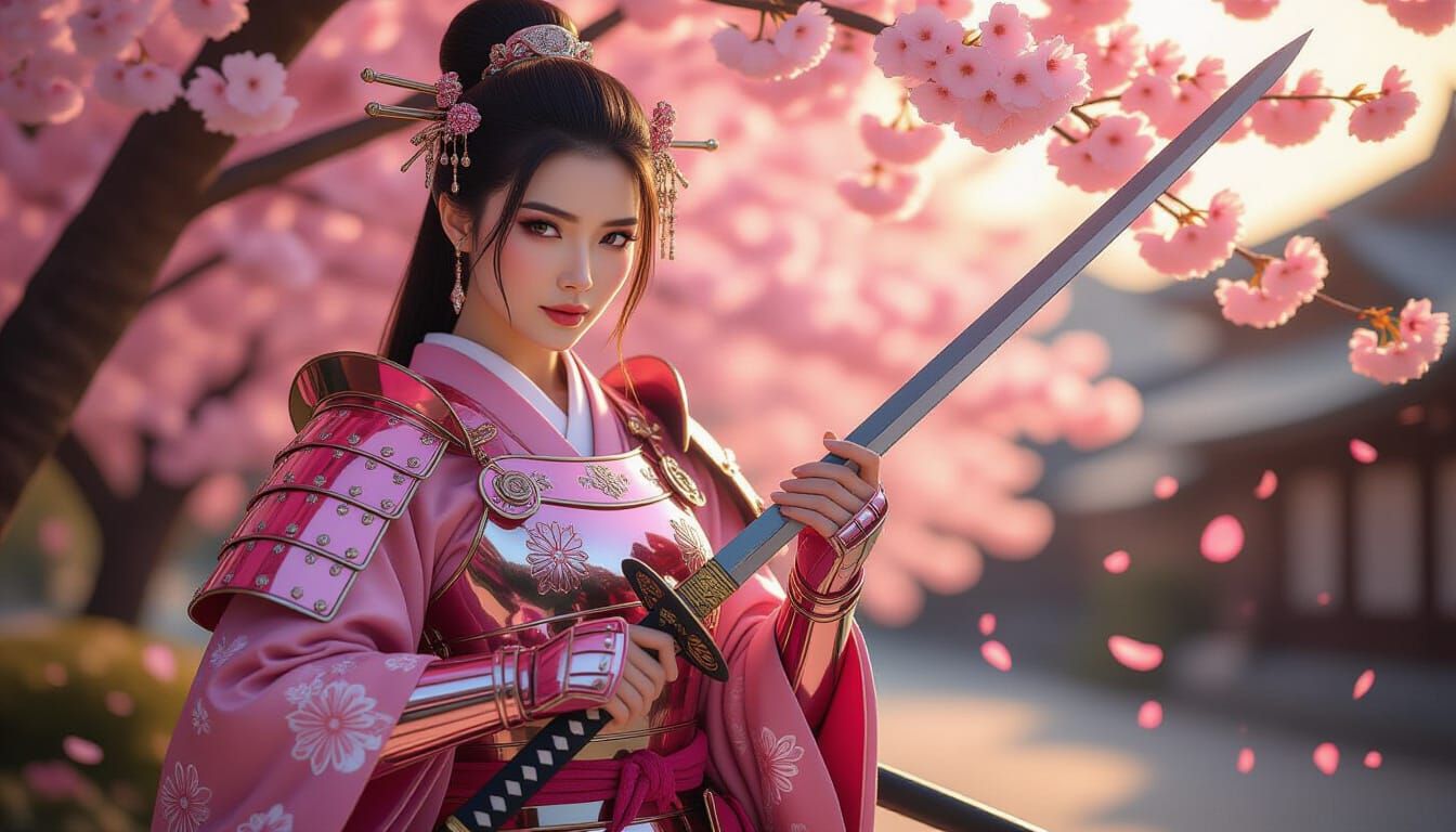 Pink Samurai Warrior in Dragon Armor with Sword