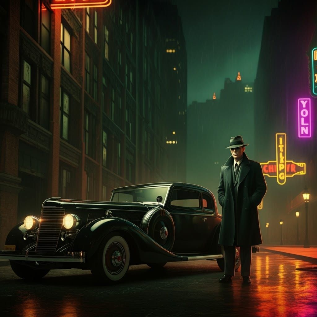 Elegant Gentleman Beside Vintage Car in Film Noir Cityscape