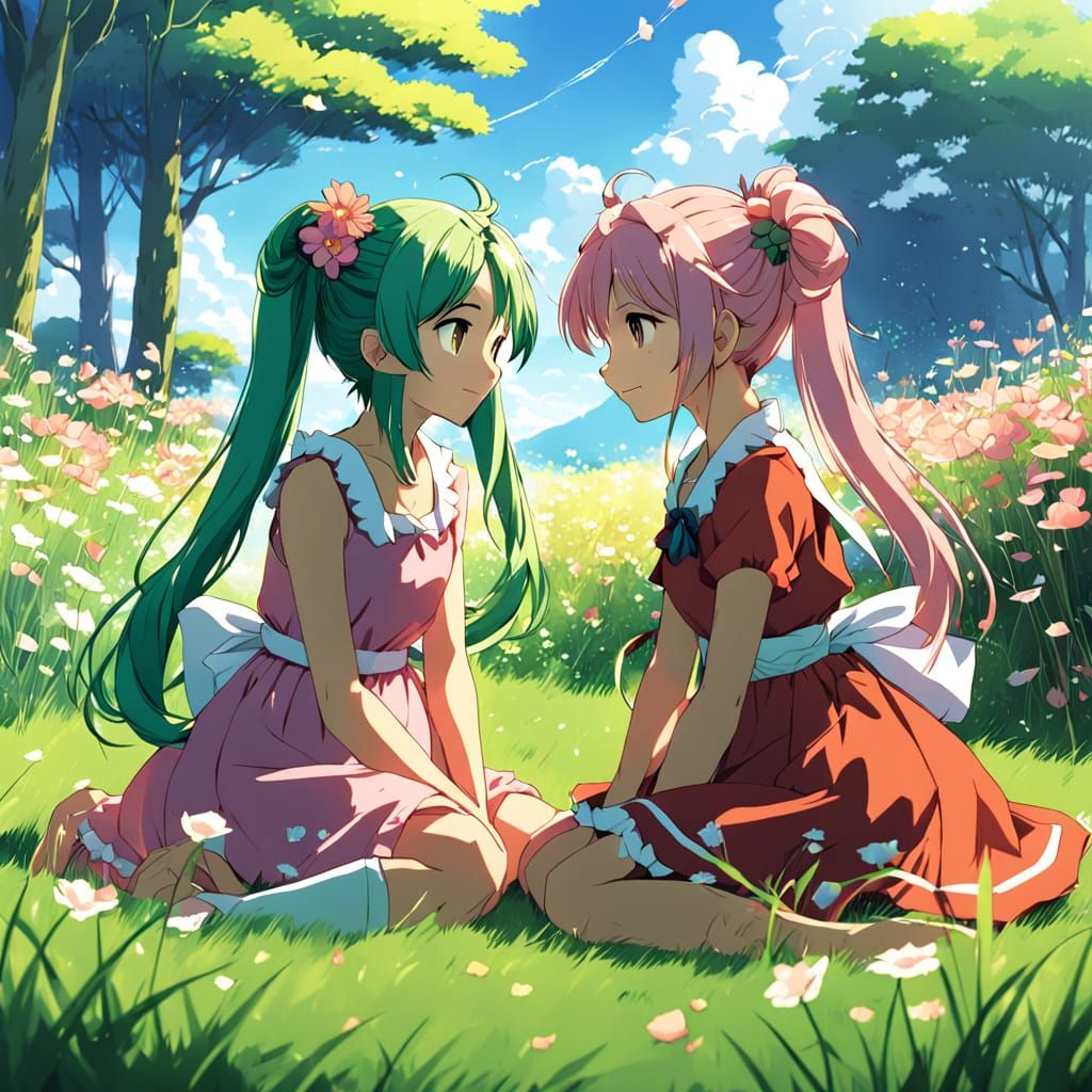 Sisters in Whimsical Garden Oasis, in Anime Style