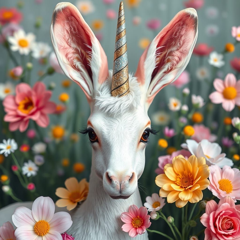 Rabbit Unicorn in Floral Meadow, Pastel Art