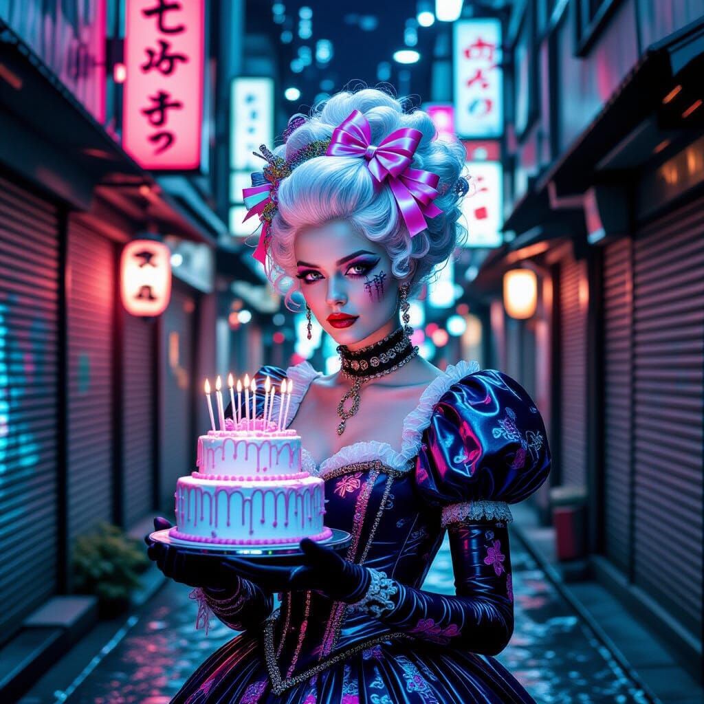 Marie Antoinette in Cyberpunk Tokyo with Cake