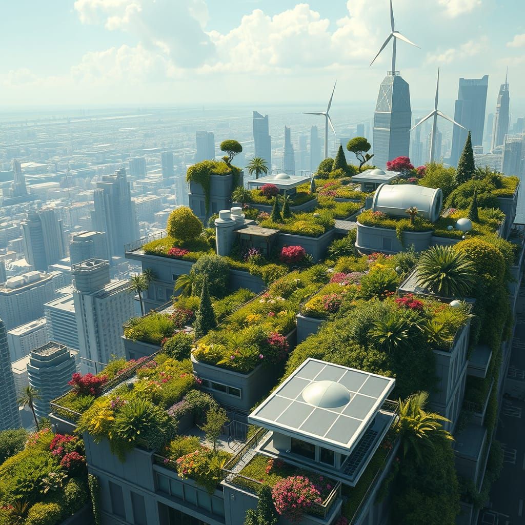 A rooftop garden city powered by solar panels and wind turbi...