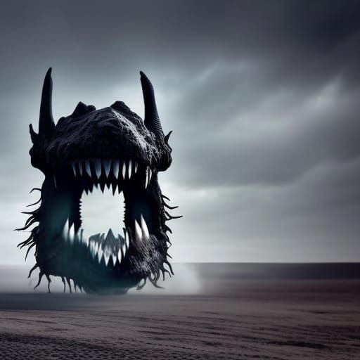Eerie Black Monster in Desert Horror Landscape