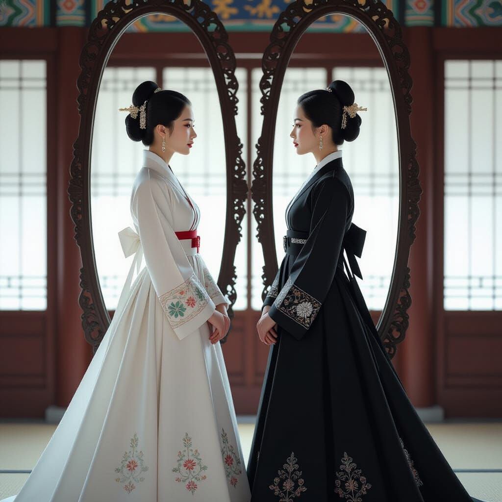 Elegant Korean Women in Hanboks Reflected in Mirror