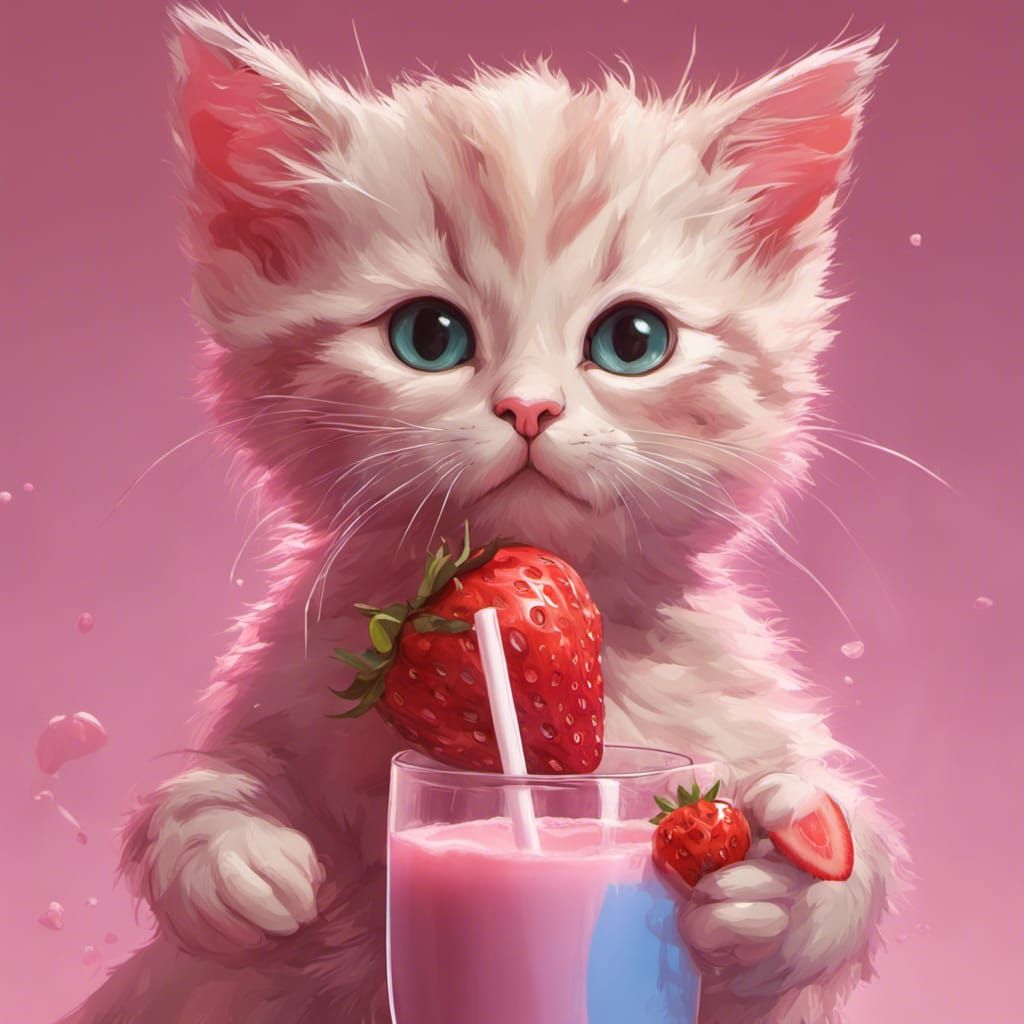 Kitten Drinks Strawberry Milk: Romantic Digital Portrait