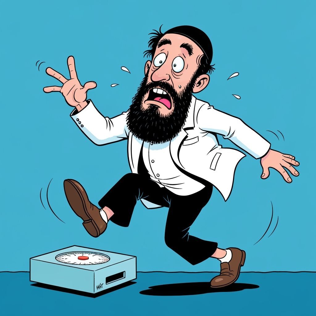 Jewish Man on Scale: Humorous Cartoon Comic Strip