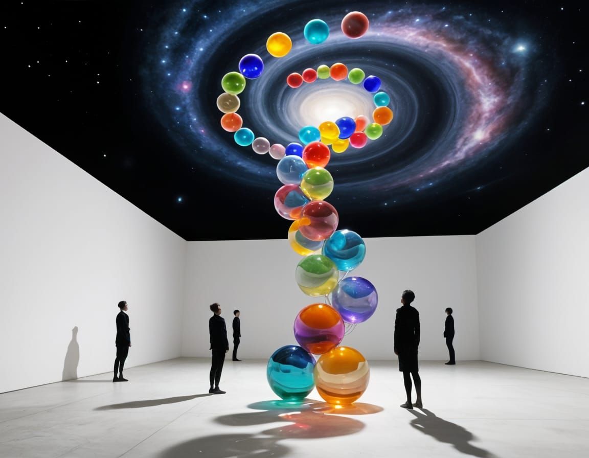 Cosmic Glass Orbs Ascend into Galaxy in Surreal Art