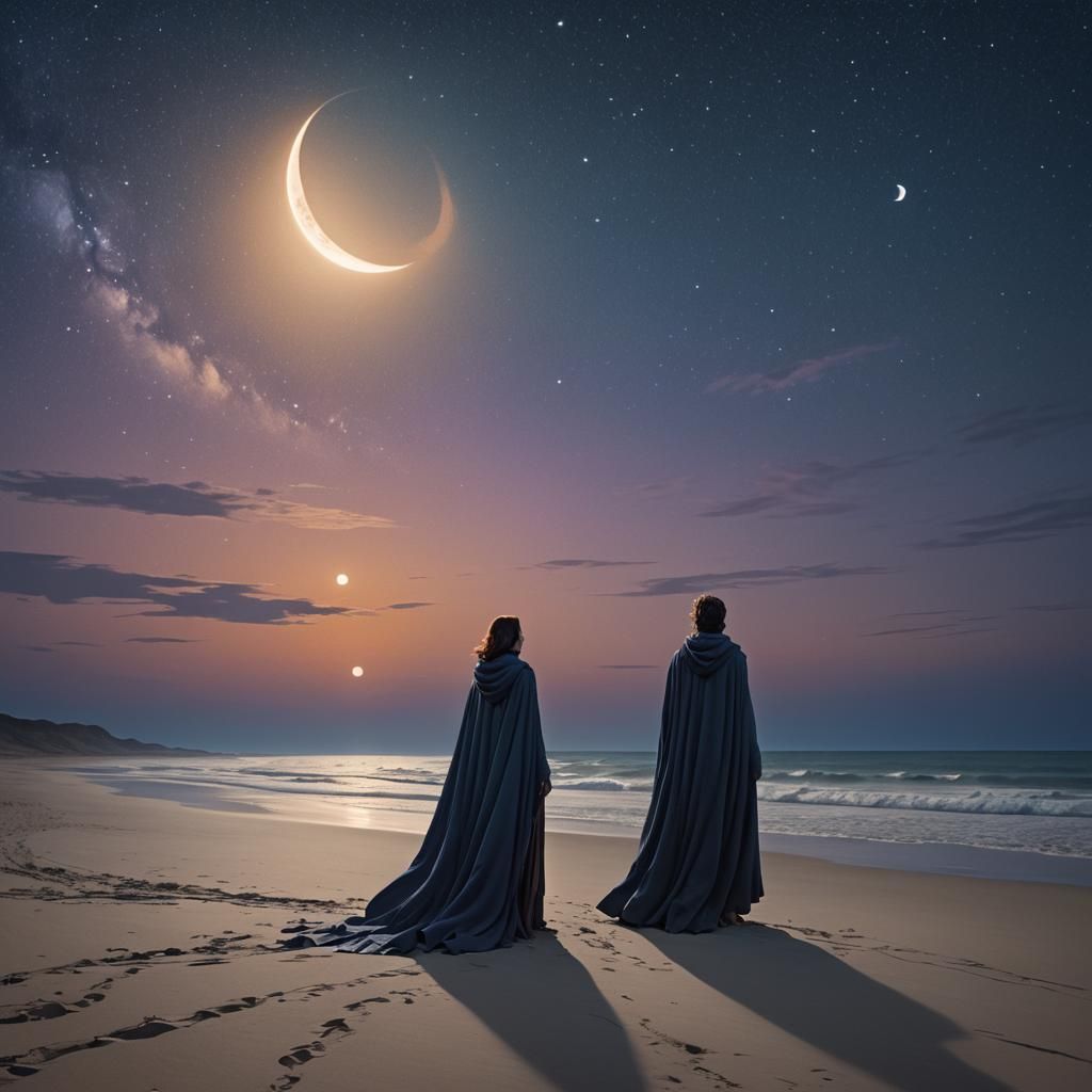 Woman Gazing at New Moon: Fantastical Digital Art