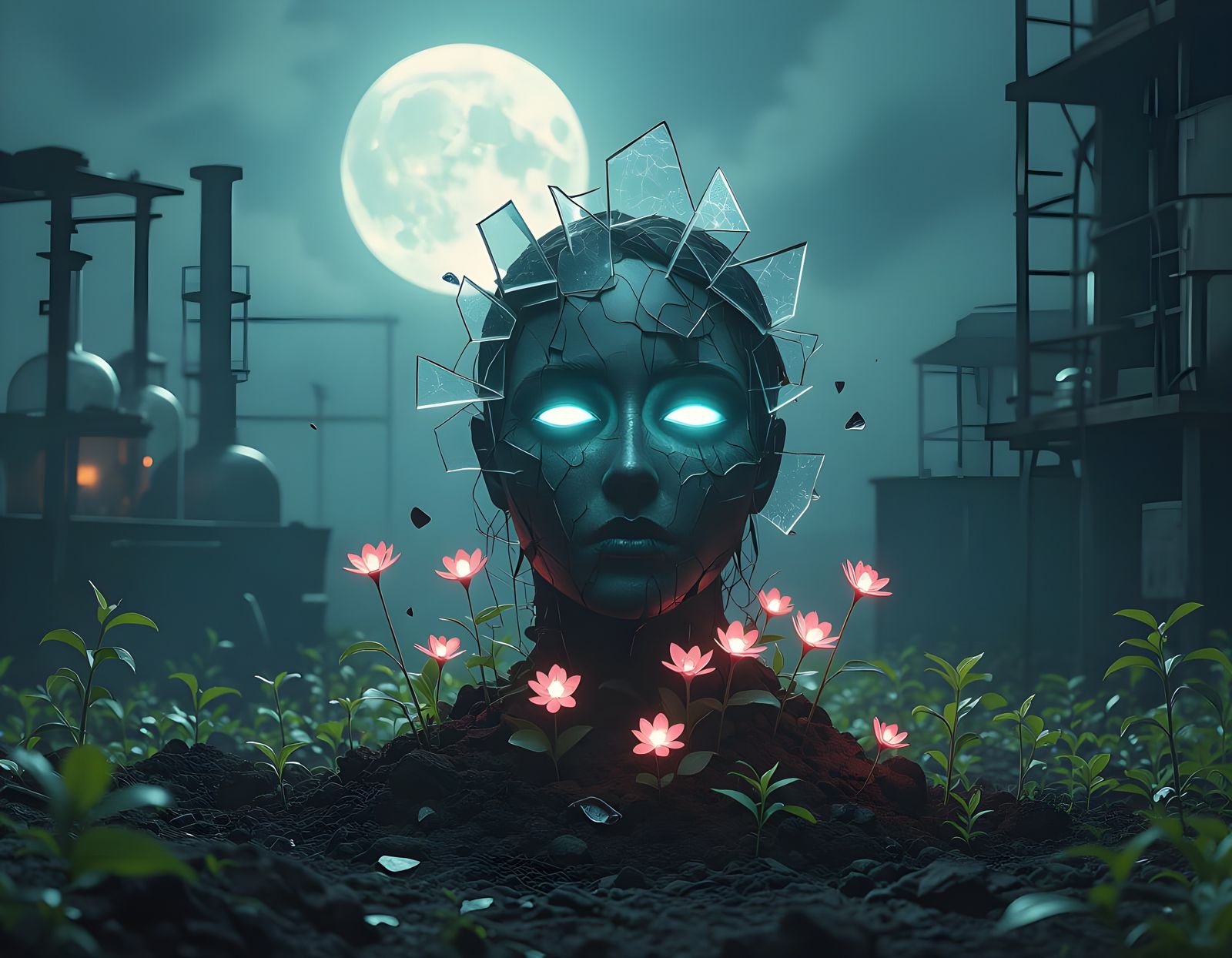 Ethereal Glass Figure in Overgrown Laboratory