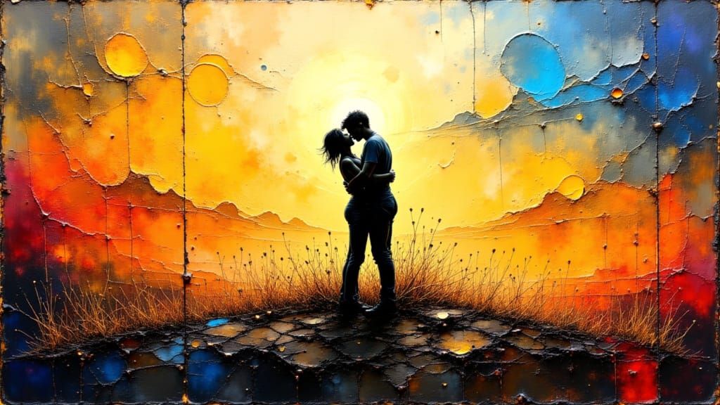 Gay Couple Embrace in Abstract Landscape Oil Painting