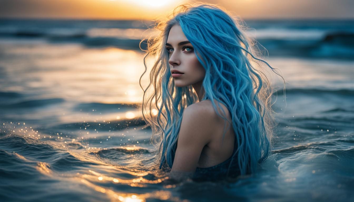Mysterious Girl with Blue Hair on Watery Beach