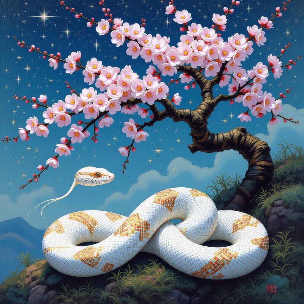 White Snake Under Mei Blossom Tree in Oil Glazing Style