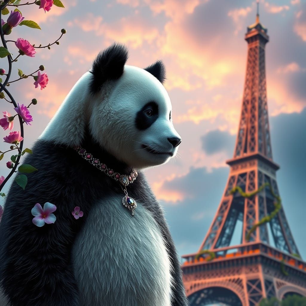 Majestic Panda Adorns Futuristic Eiffel Tower