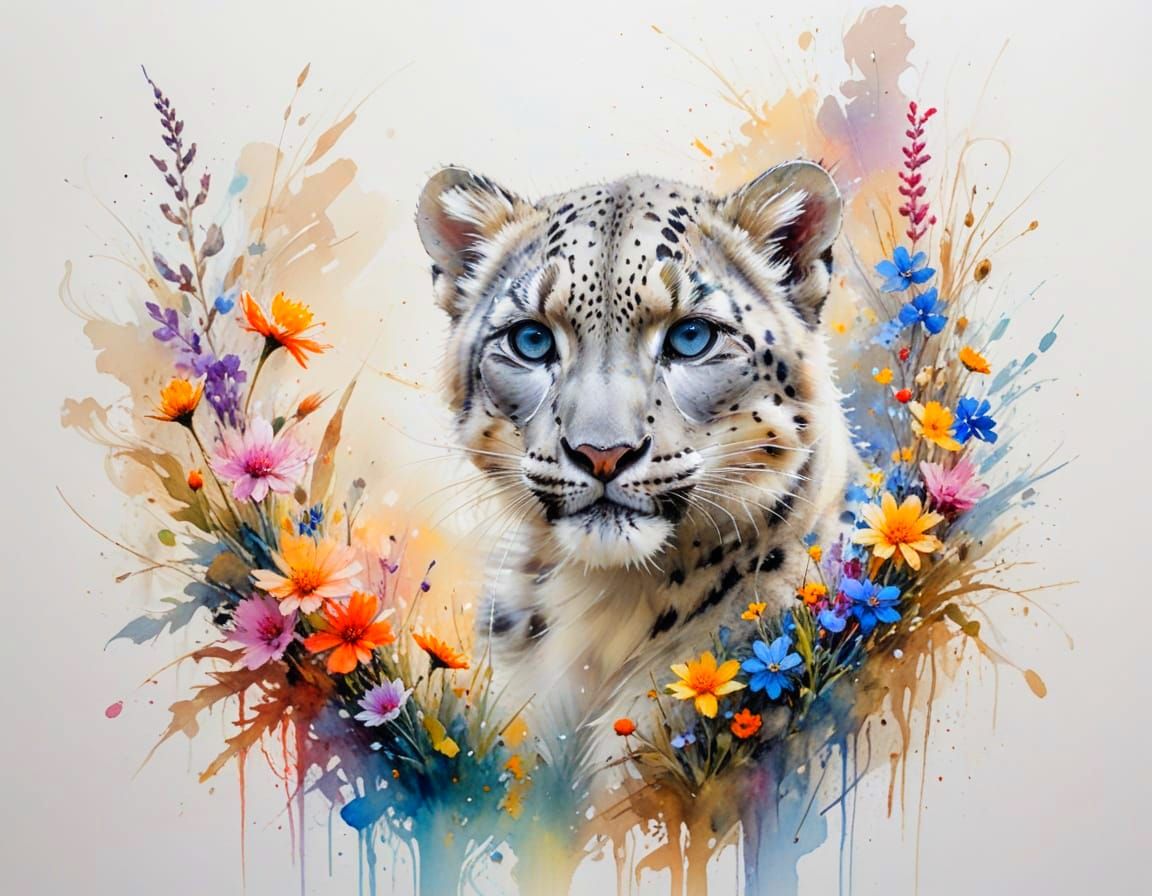 Snow Leopard Cub in Blooming Winter Garden, Japanese Motifs