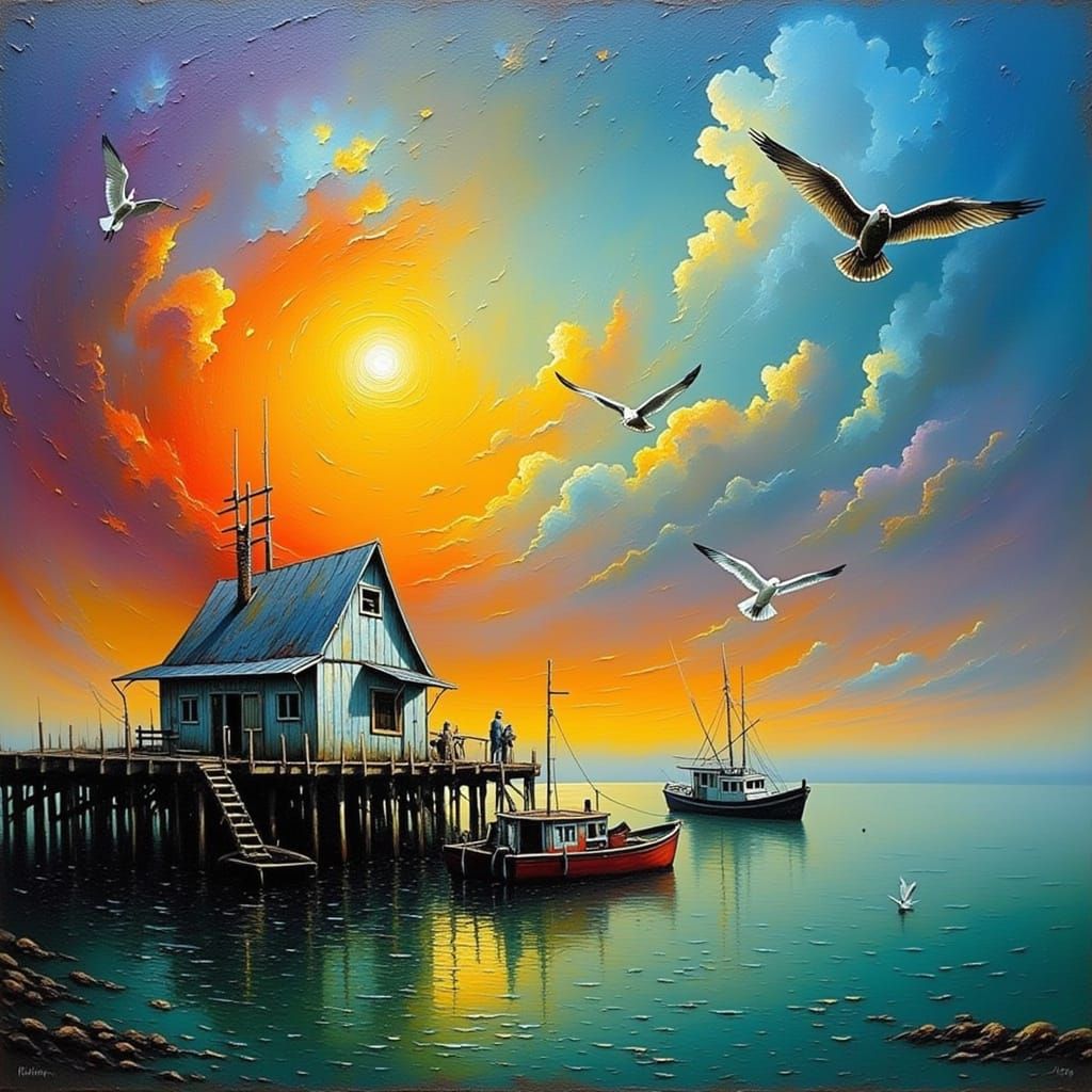 Vivid Sunset Over Docked Fishing Boats in Maritime Style