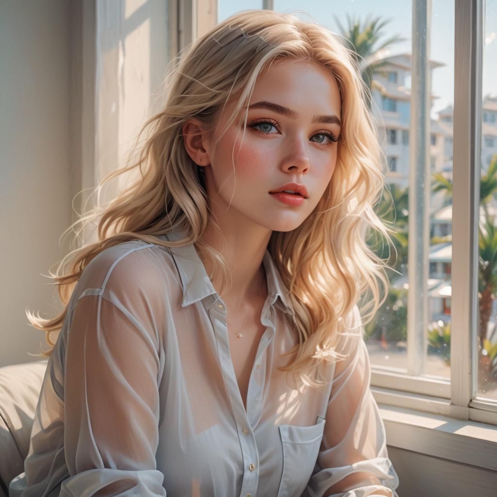 Gorgeous Girl by Window in Cartoon Style