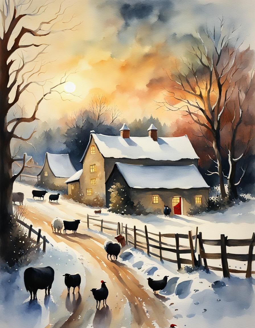 Winter Farmyard Scene with Santa in Aquarelle Style