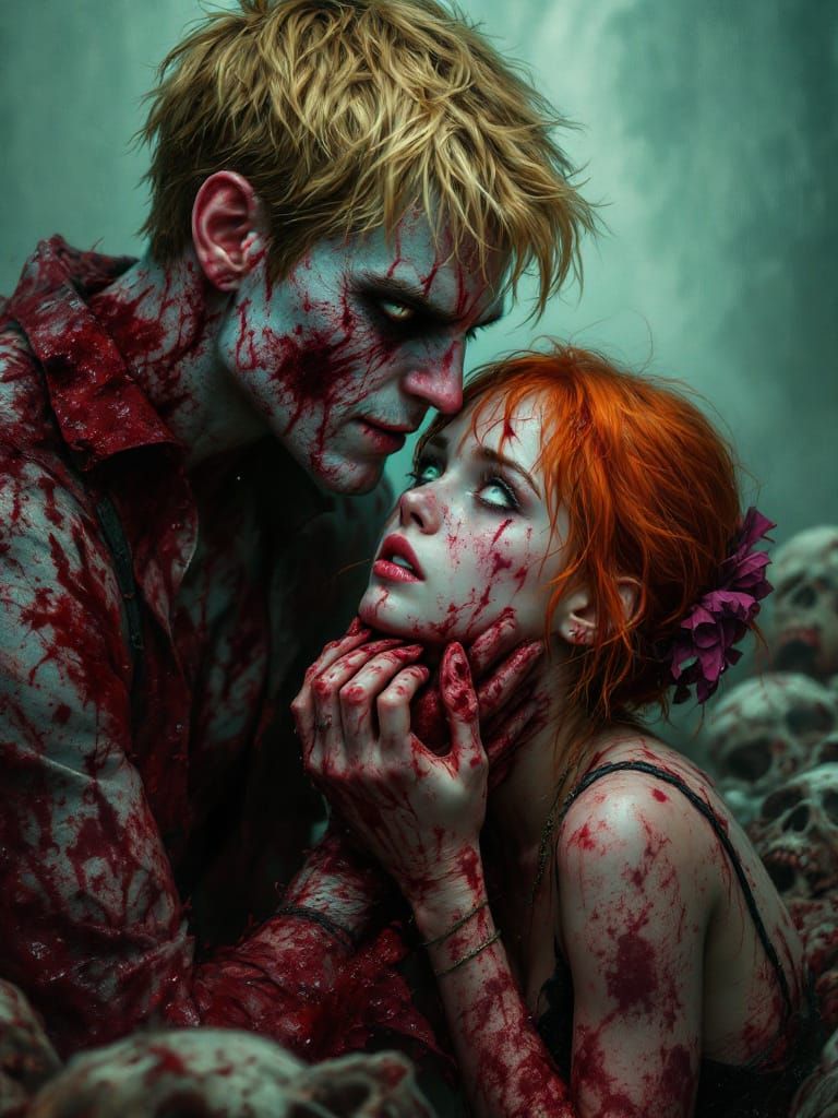 Man Smirks Holding Fearful Girl Over Corpses