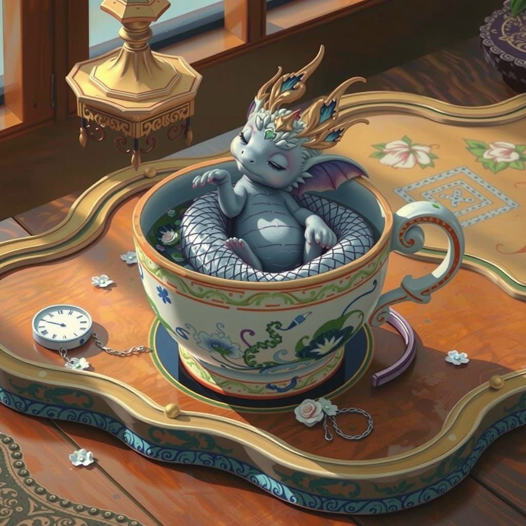 Whimsical White Dragon Takes a Soothing Bath in a Delicate P...