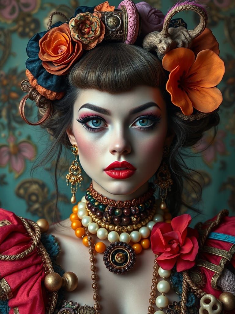 Surreal Femme Fatale Portrait in Maximalist Style