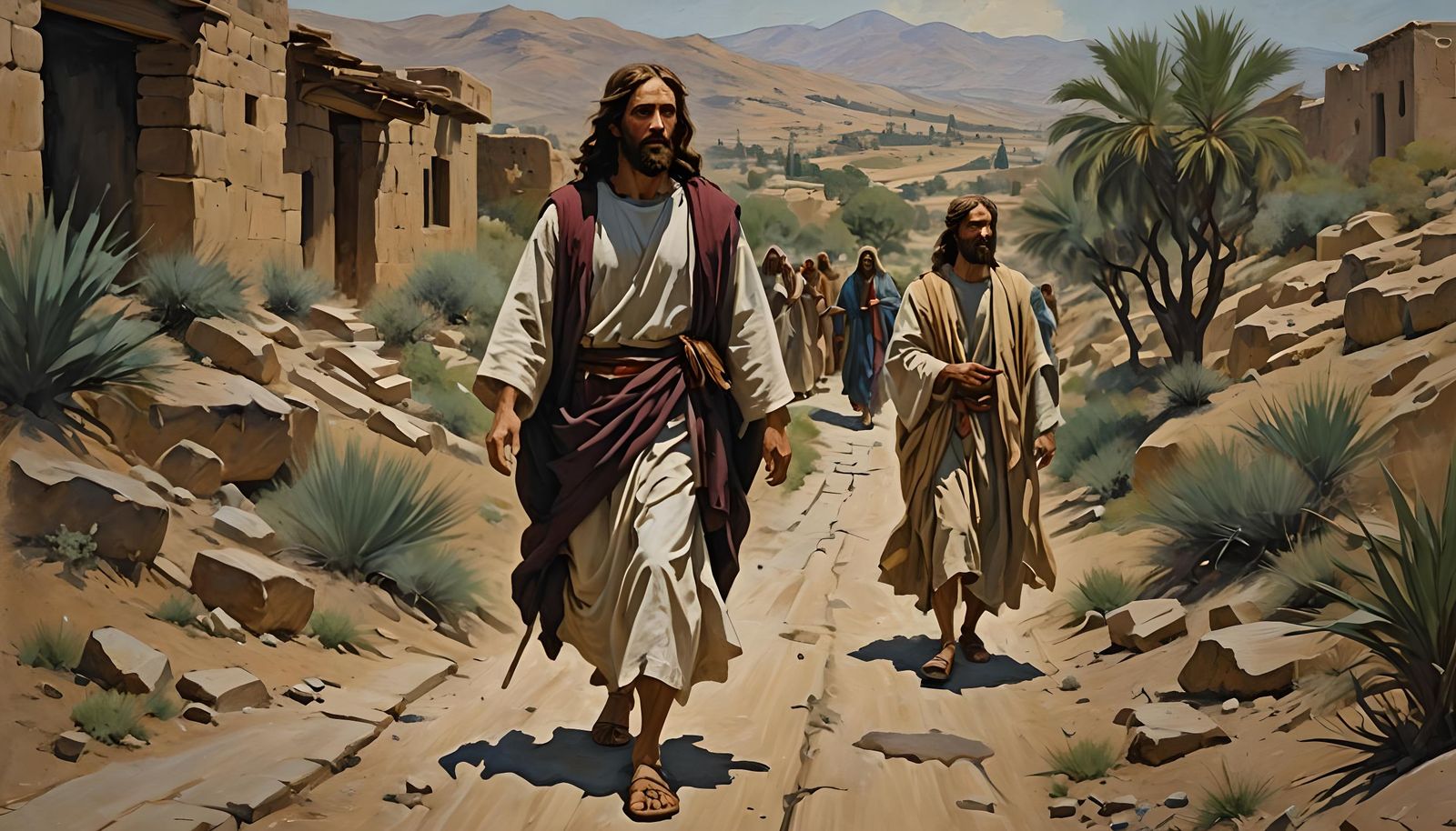 Jesus Leads Disciples: Impressionist Gouache Masterpiece