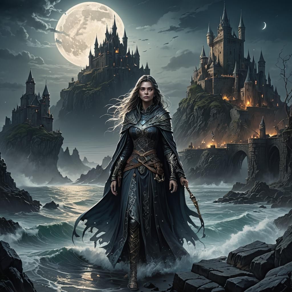 Moonlit Sorceress at Chaotic Castle: Fantasy Art
