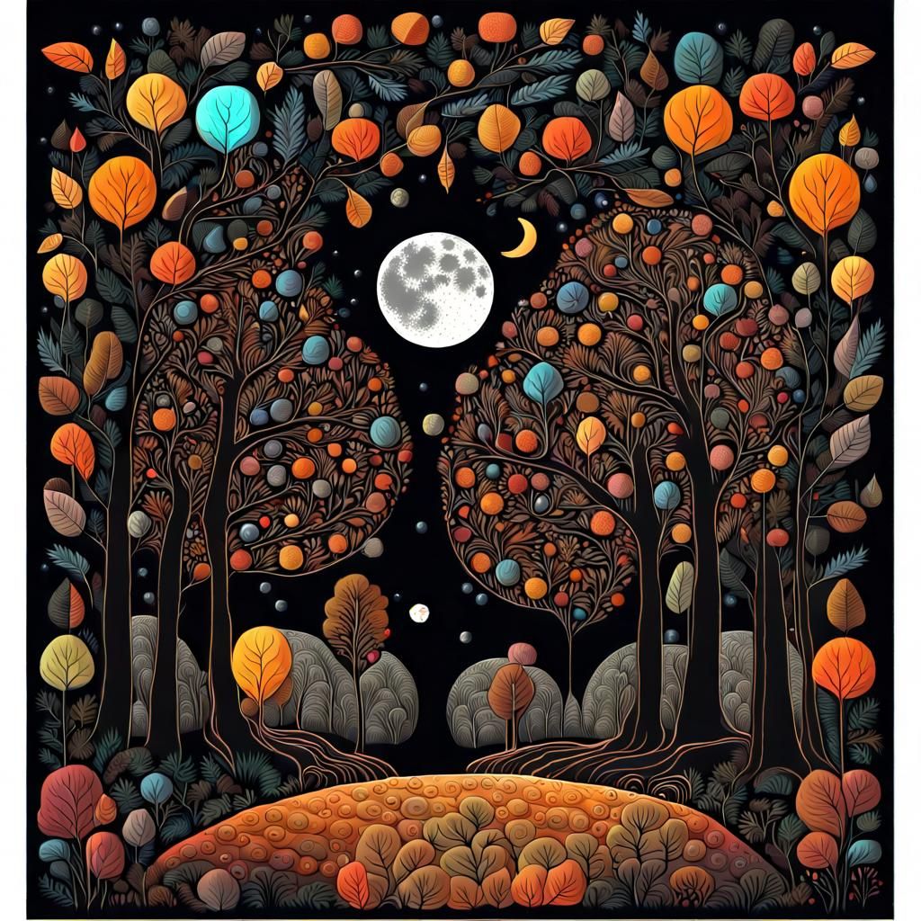 Fantastical Autumn Landscape in Folk Art Style