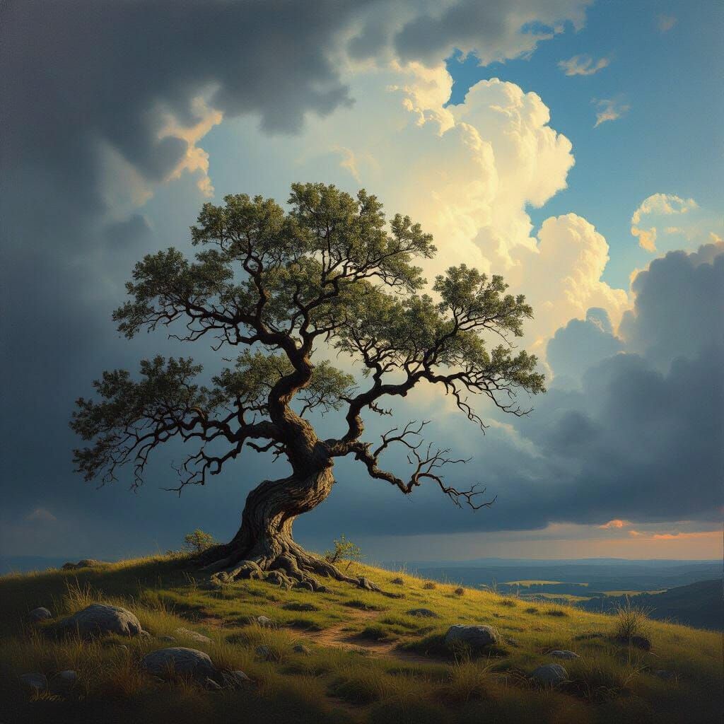 Ancient Oak Tree on Windswept Hill Oil Painting