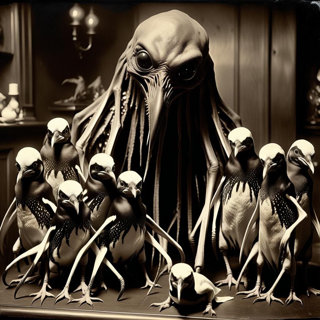 Lovecraftian Horror: Chaos Daemon and Penguin in Sepia