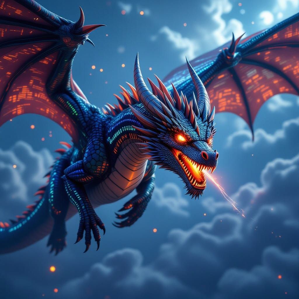 Majestic Dragon with Binary Scales in Digital Sky