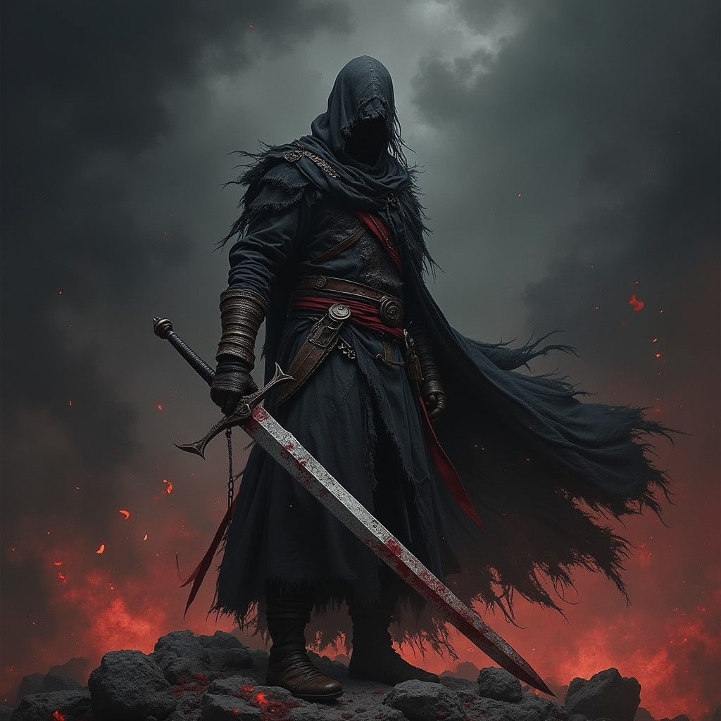 Brooding Warrior with Sword in a Dark Fantasy Scene