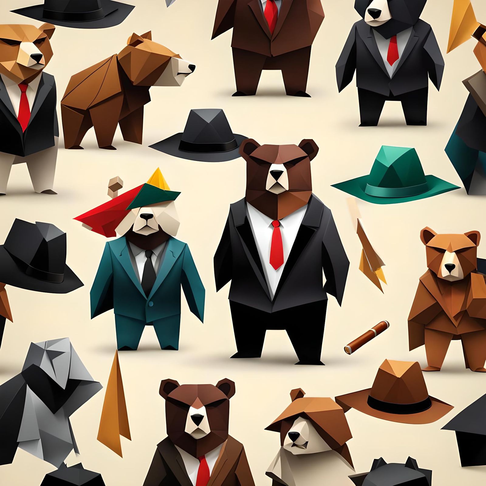 Origami Bear with Cigar in Mafia Style