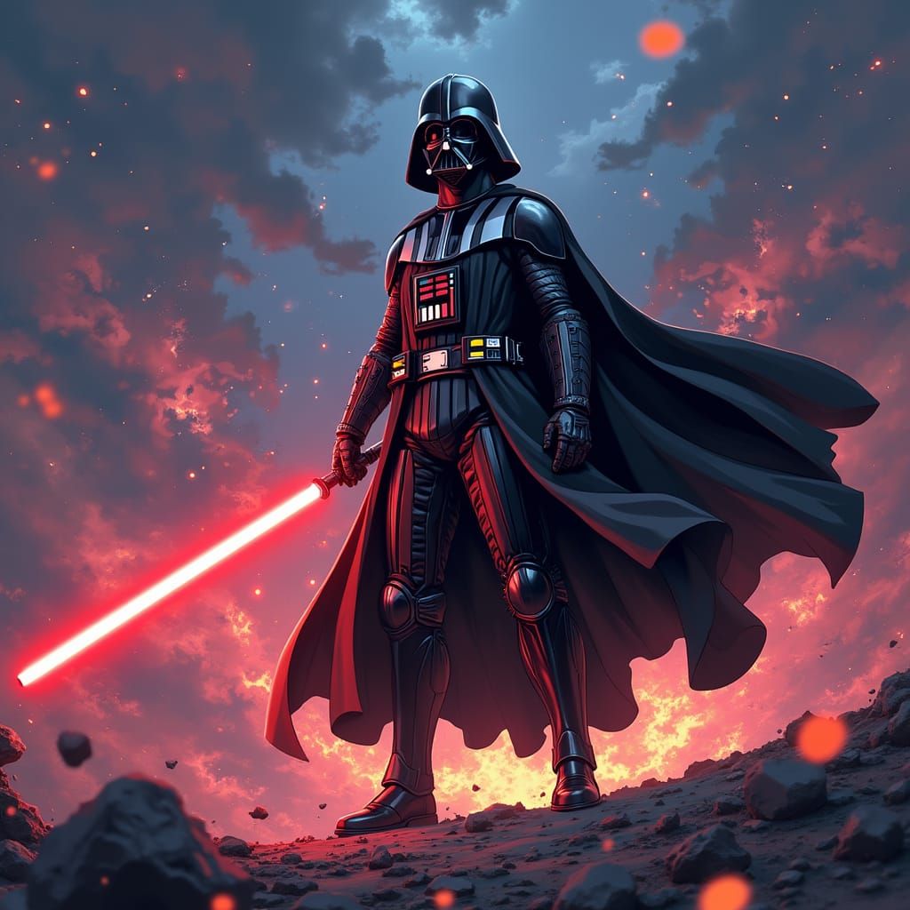 Anime-Style Darth Vader in Cosmic Battle