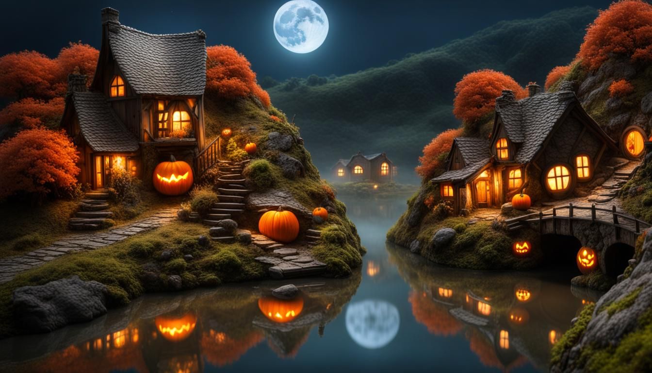 Haunted Hobbit Village Under Jack-o'-Lantern Moon
