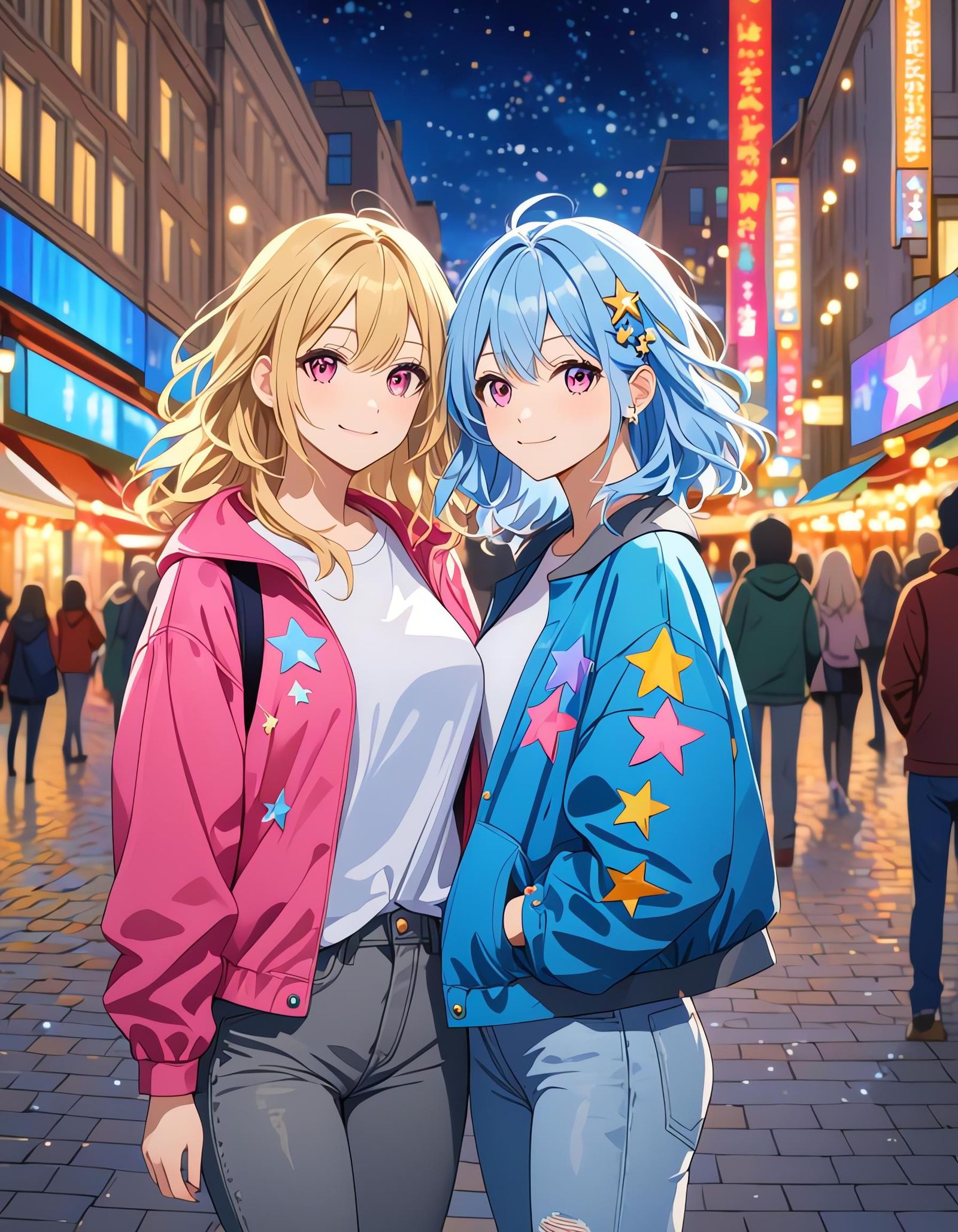 Blonde and Blue-Haired Girls in City Square