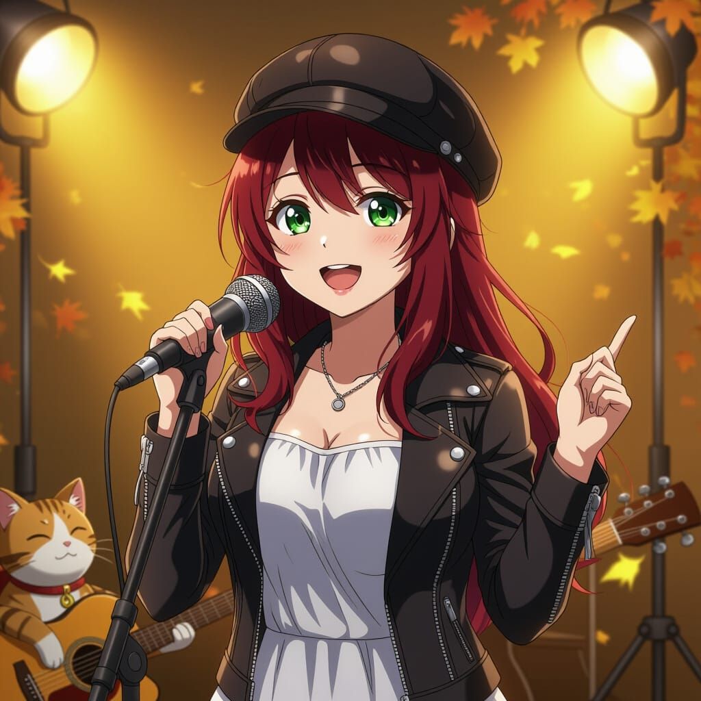 Anime Woman Singing with Cat Guitarist