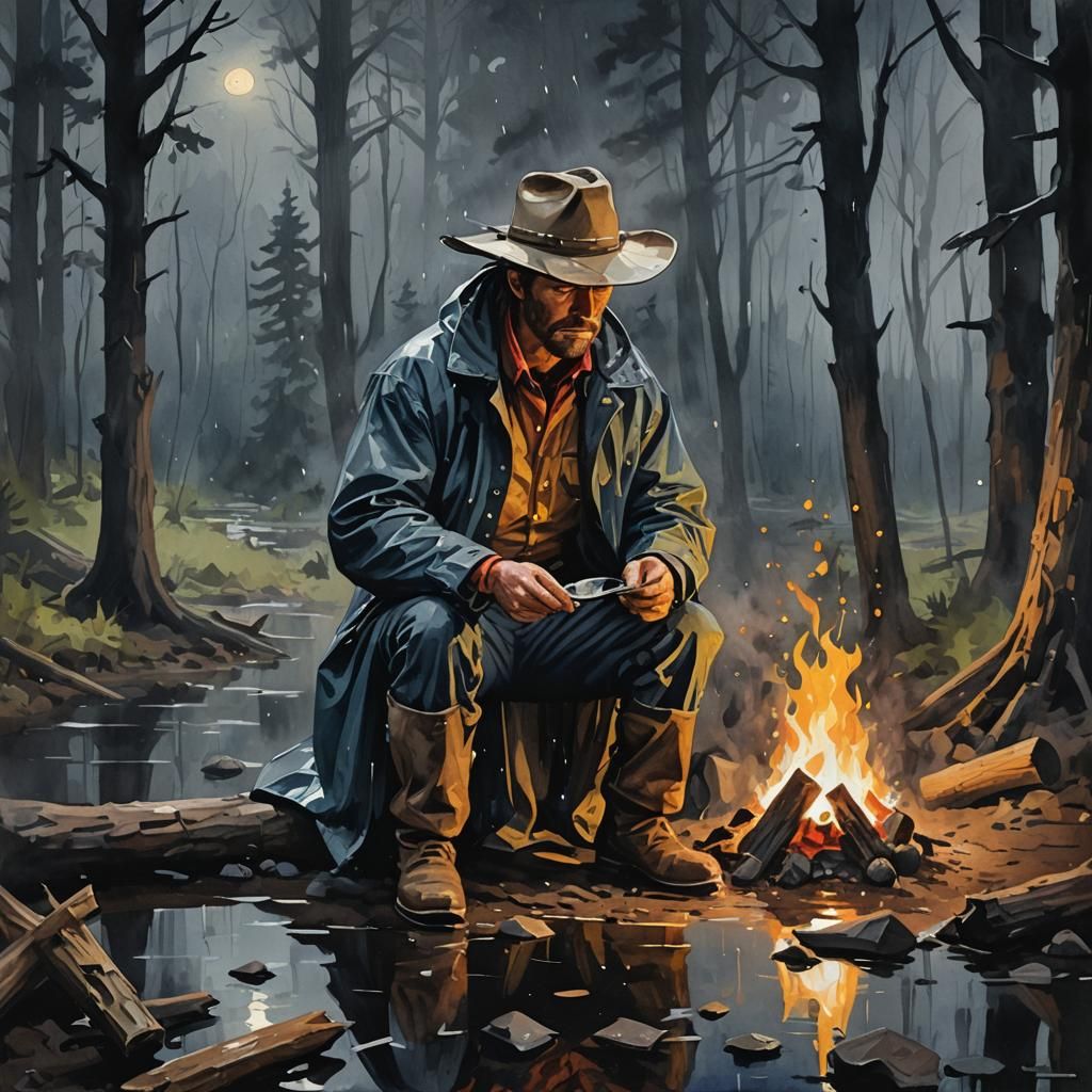 Cowboy in Raincoat by Campfire: Gouache Impressionist Painti...