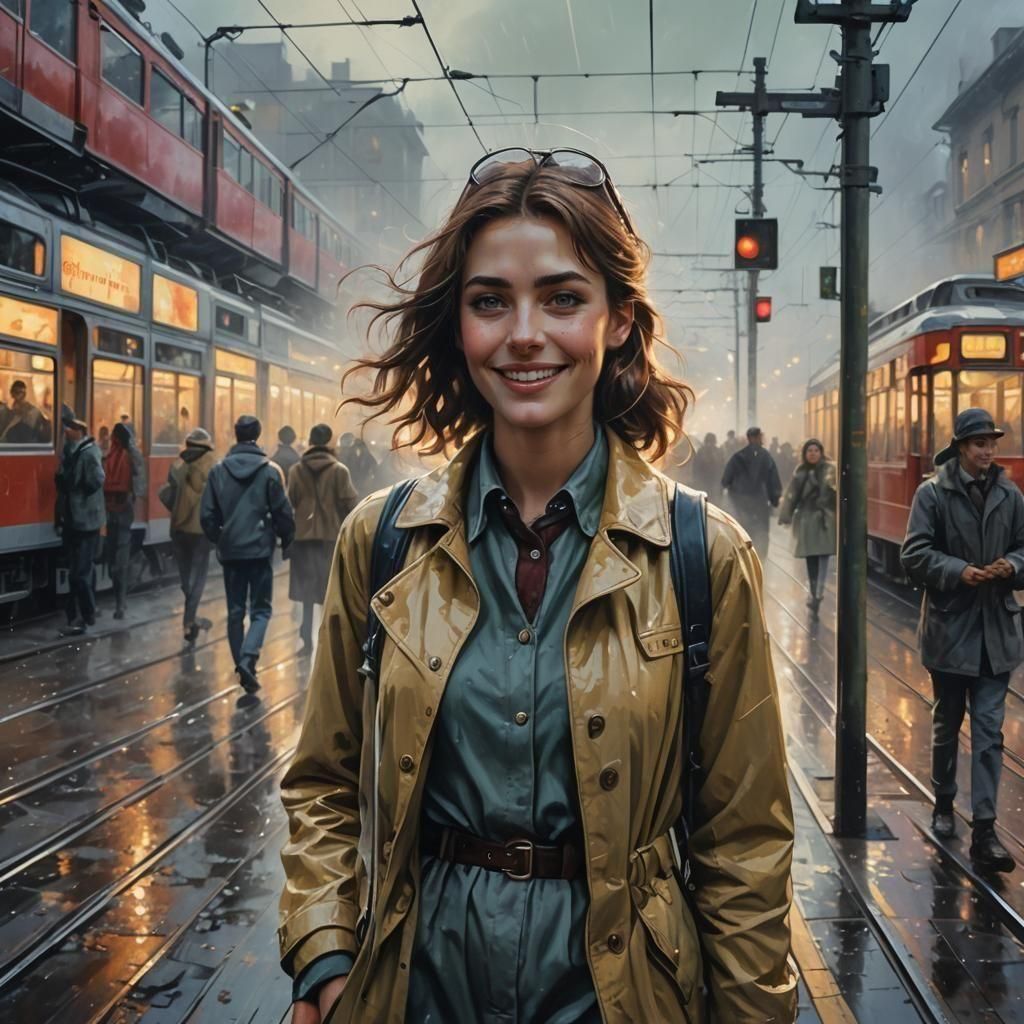 Smiling Woman Exits Tram in Vintage 1960s Style