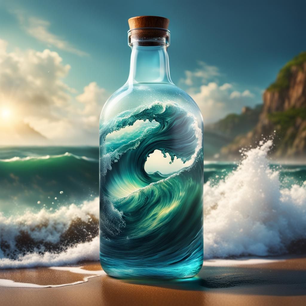 Stormy Sea in a Bottle: Hyperrealistic Splash Art