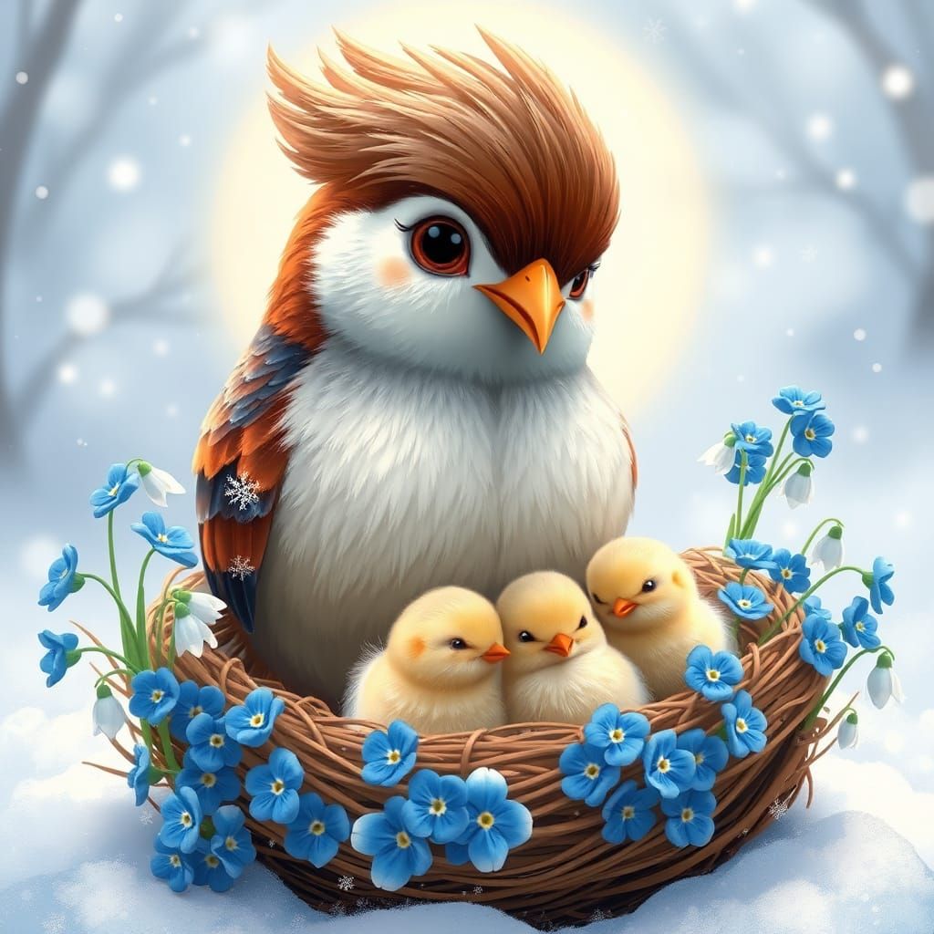 Regal Bird with Chicks in Floral Nest, 3D Rendered