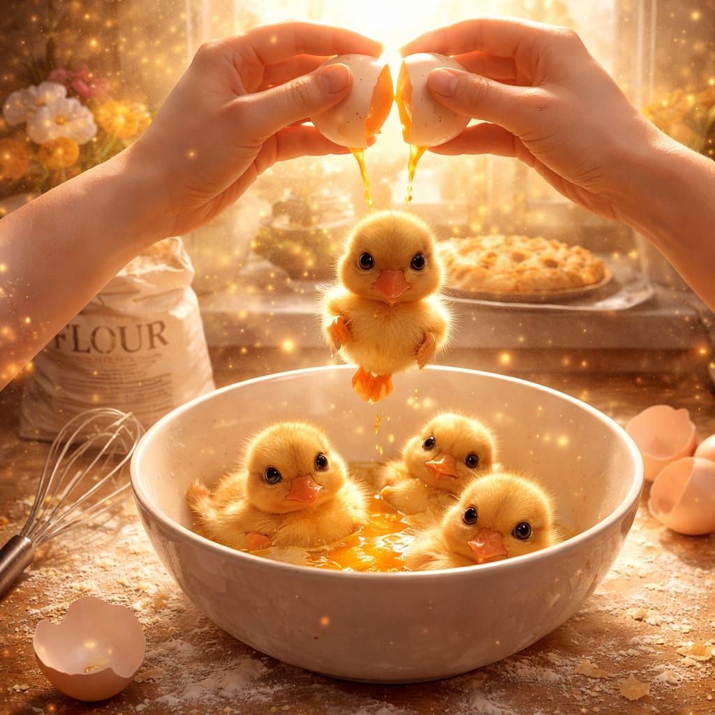 Whimsical Duckling Hatching in Kitchen Bowl as Digital Paint...