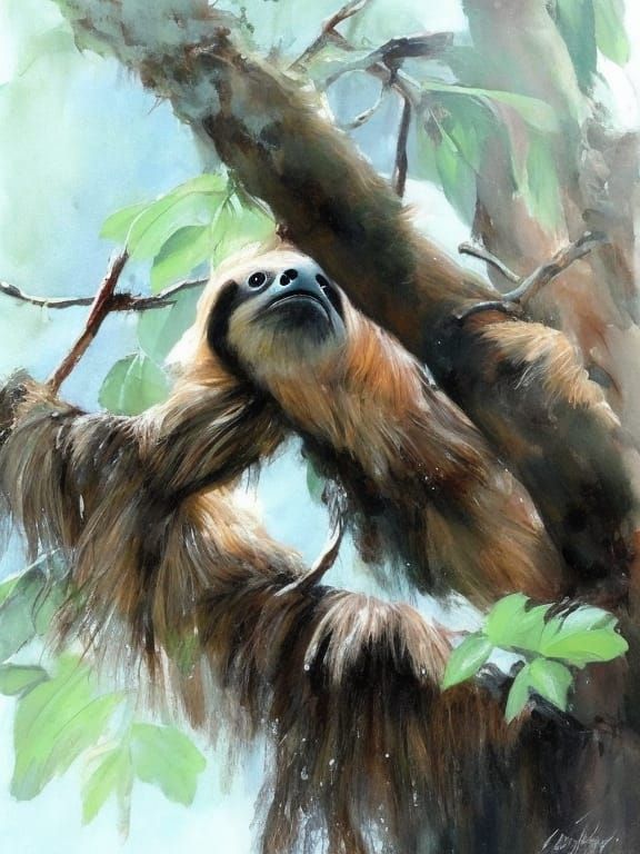 Detailed Sloth Portrait with Ink and Paint Splashes