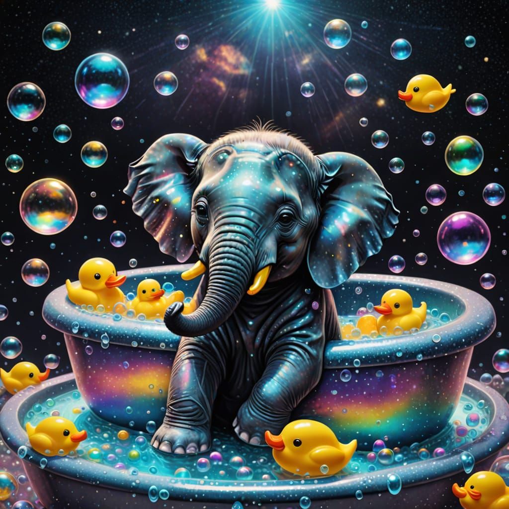 Baby elephant sitting in claw bathtub with a rubber ducky and bubbles