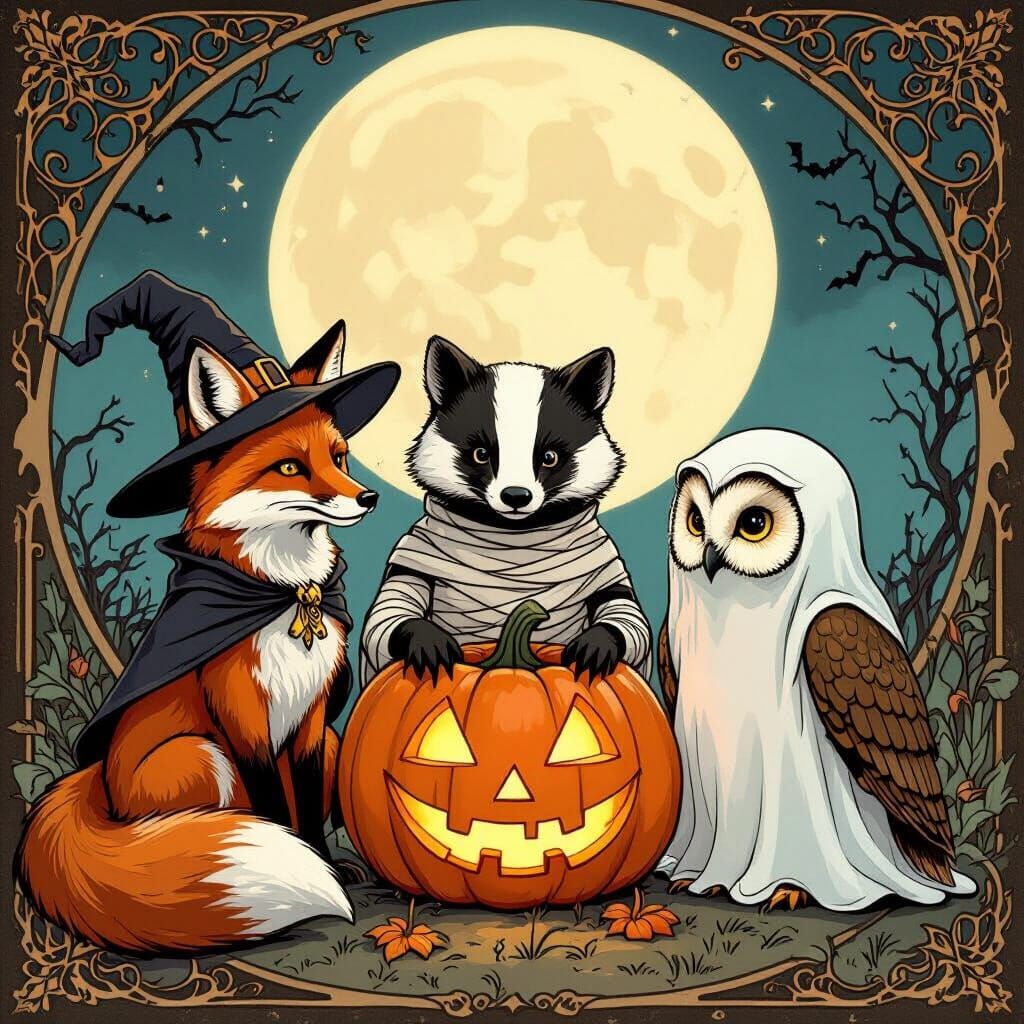 Art Nouveau Animals in Halloween Costumes