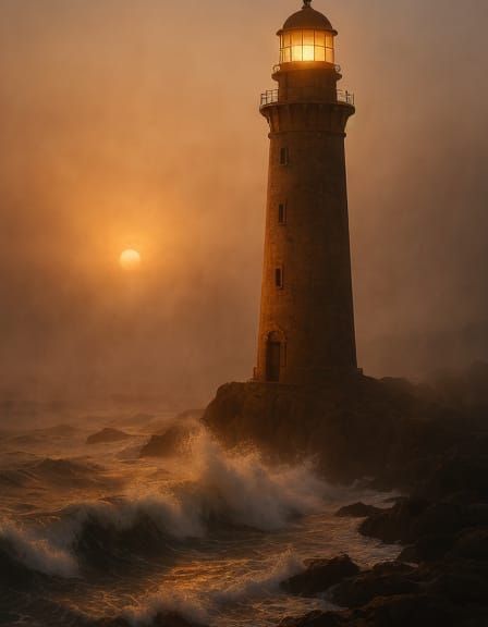 Coastal Lighthouse in Golden Hour Oil Painting